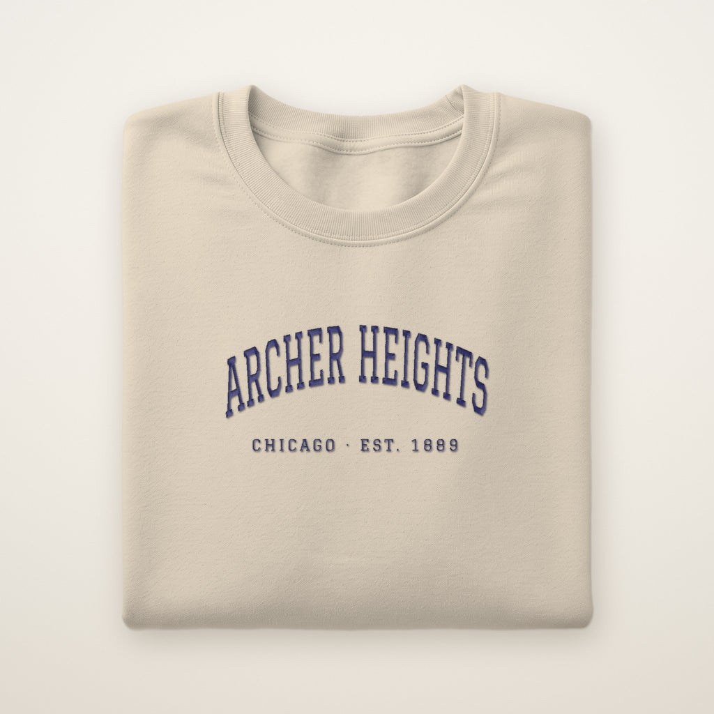 Archer Heights Chicago Embroidered Crewneck — Navy Thread on Sand