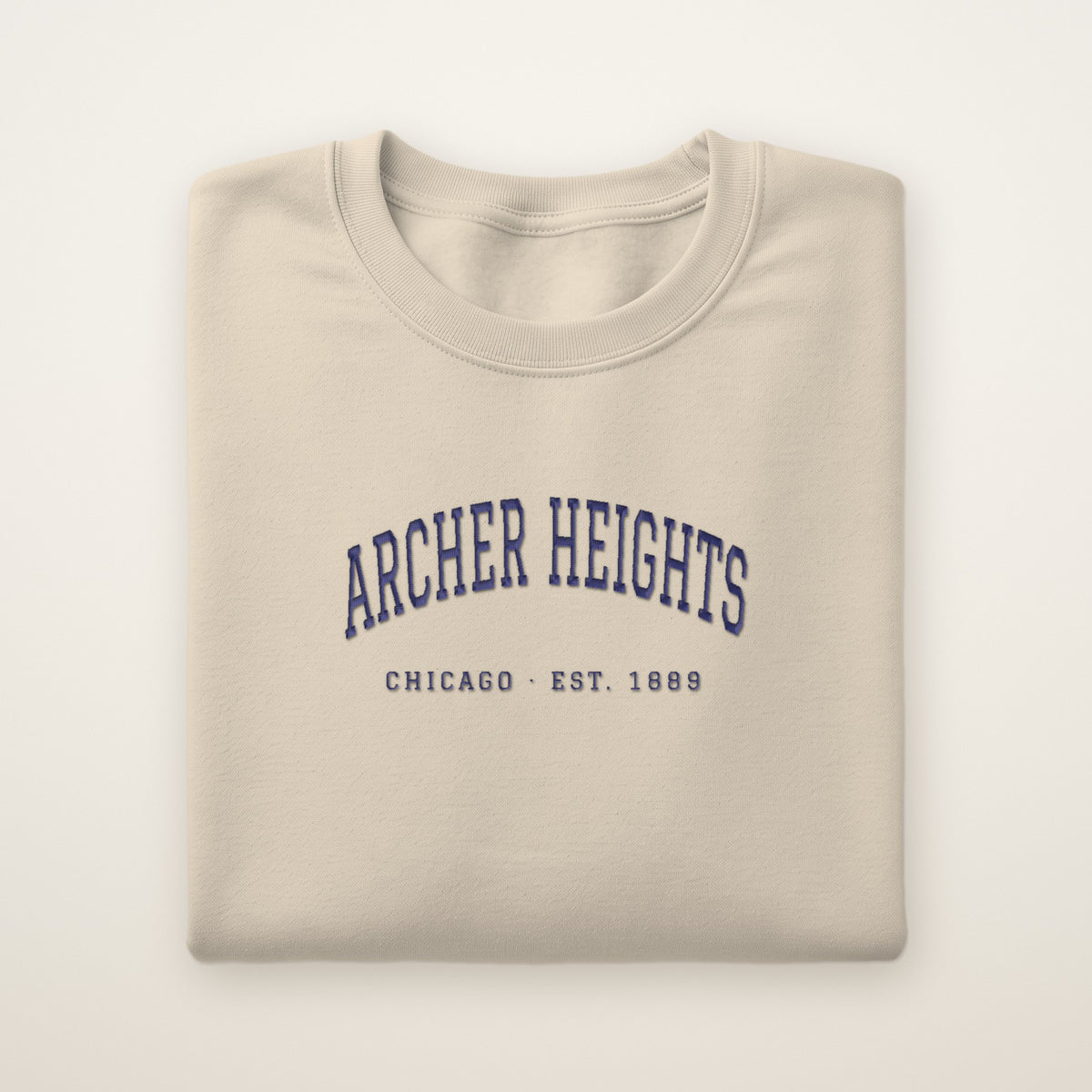 Archer Heights Chicago Embroidered Crewneck — Navy Thread on Sand