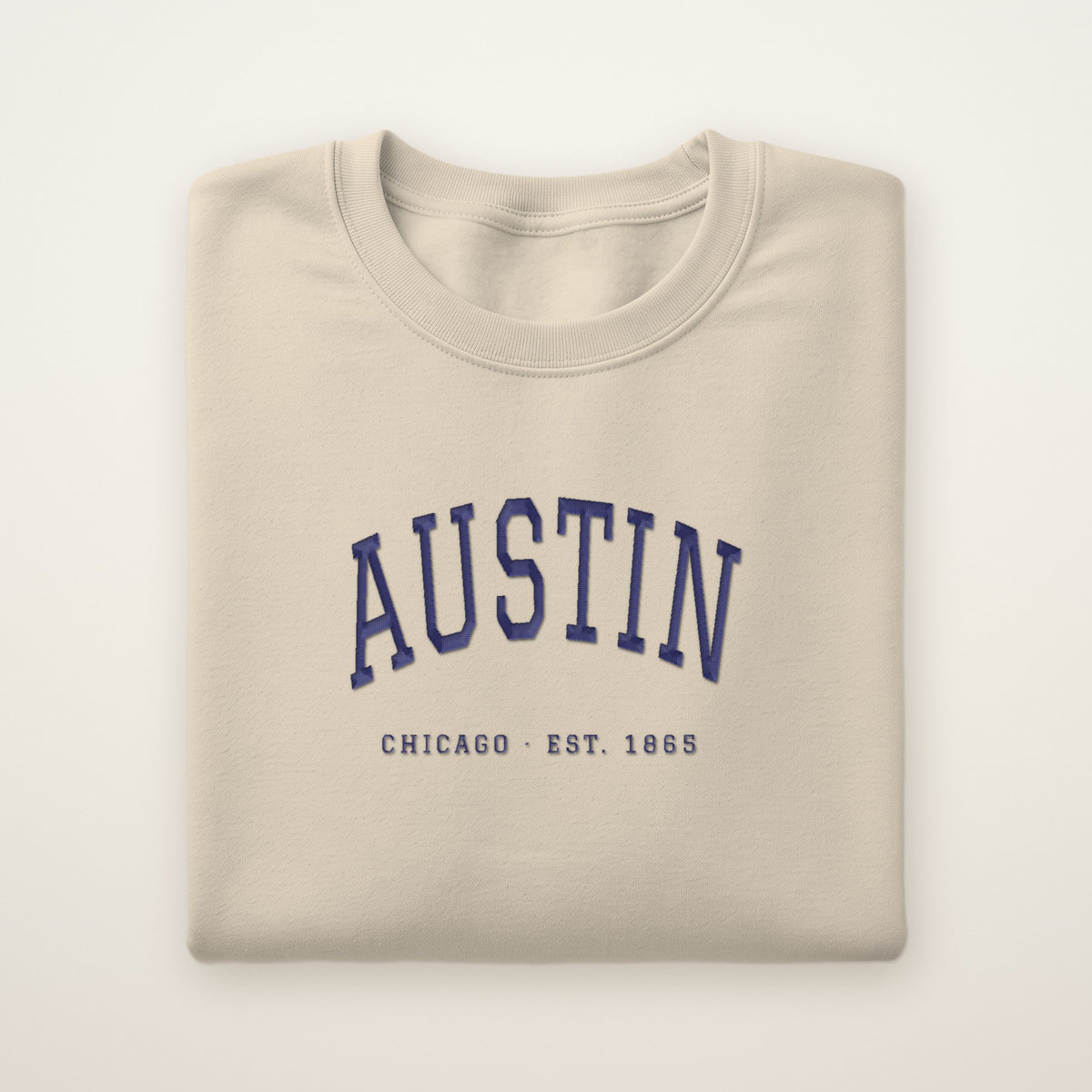 Austin Chicago Embroidered Crewneck — Navy Thread on Sand