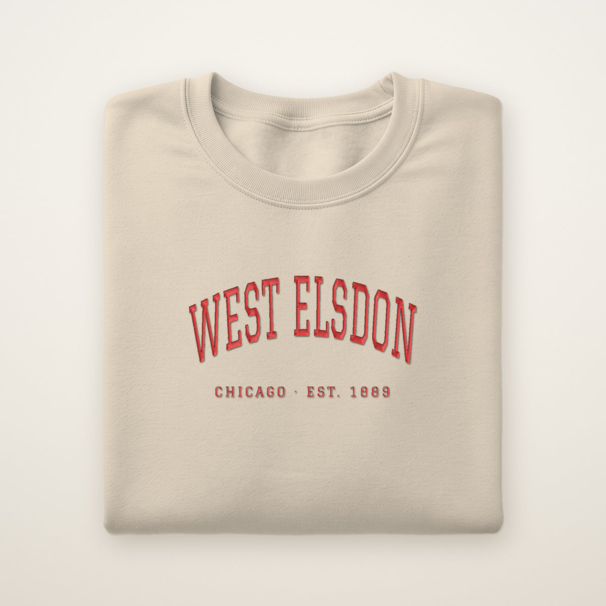 West Elsdon Chicago Embroidered Crewneck — Red Thread on Sand