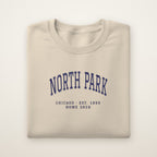 North Park Chicago Home 2026 Embroidered Crewneck — Navy Thread on Sand