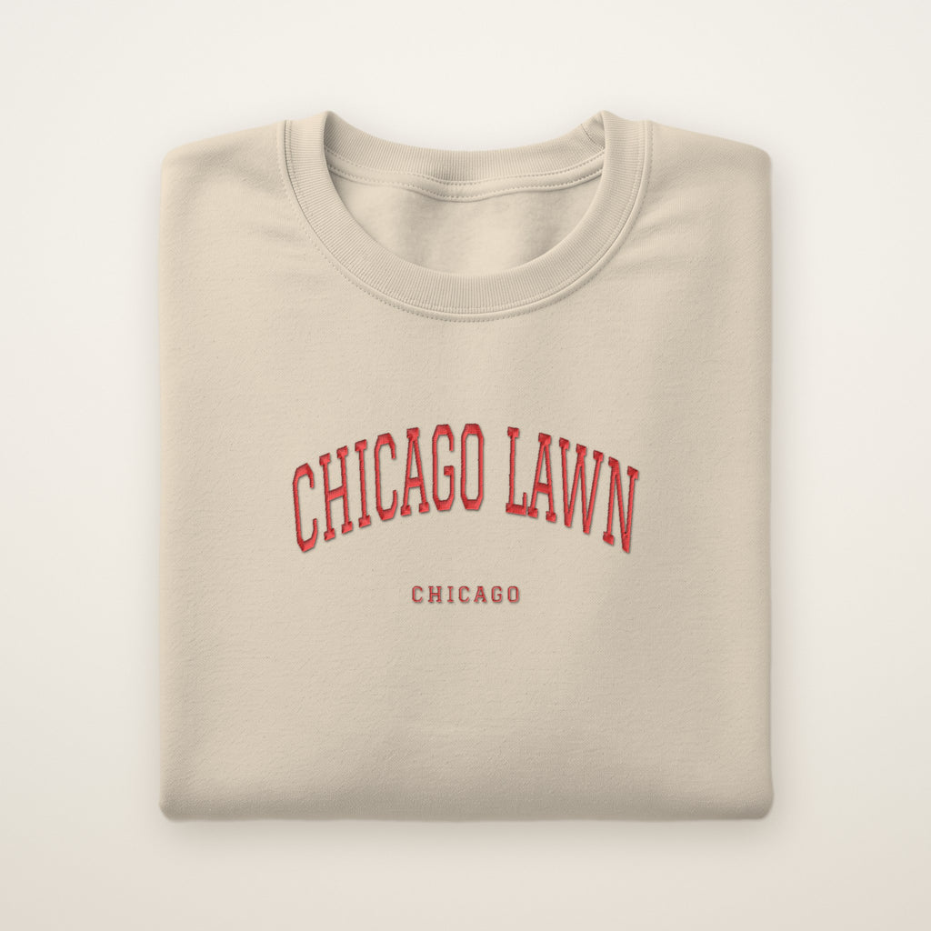 Chicago Lawn Chicago Embroidered Crewneck — Red Thread on Sand
