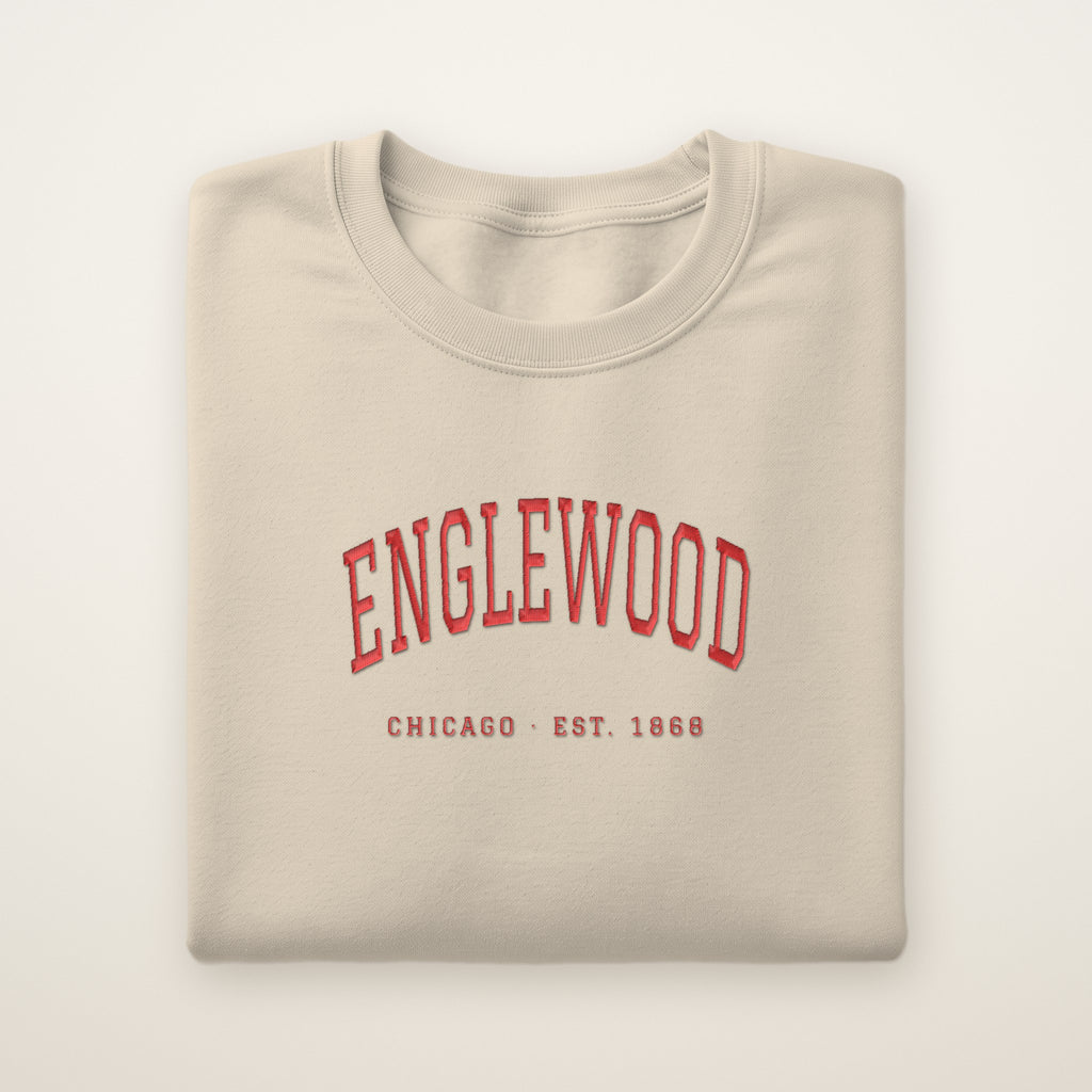 Englewood Chicago Embroidered Crewneck — Red Thread on Sand