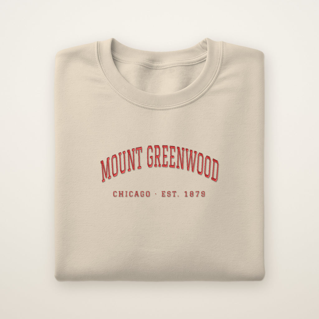 Mount Greenwood Chicago Embroidered Crewneck — Red Thread on Sand