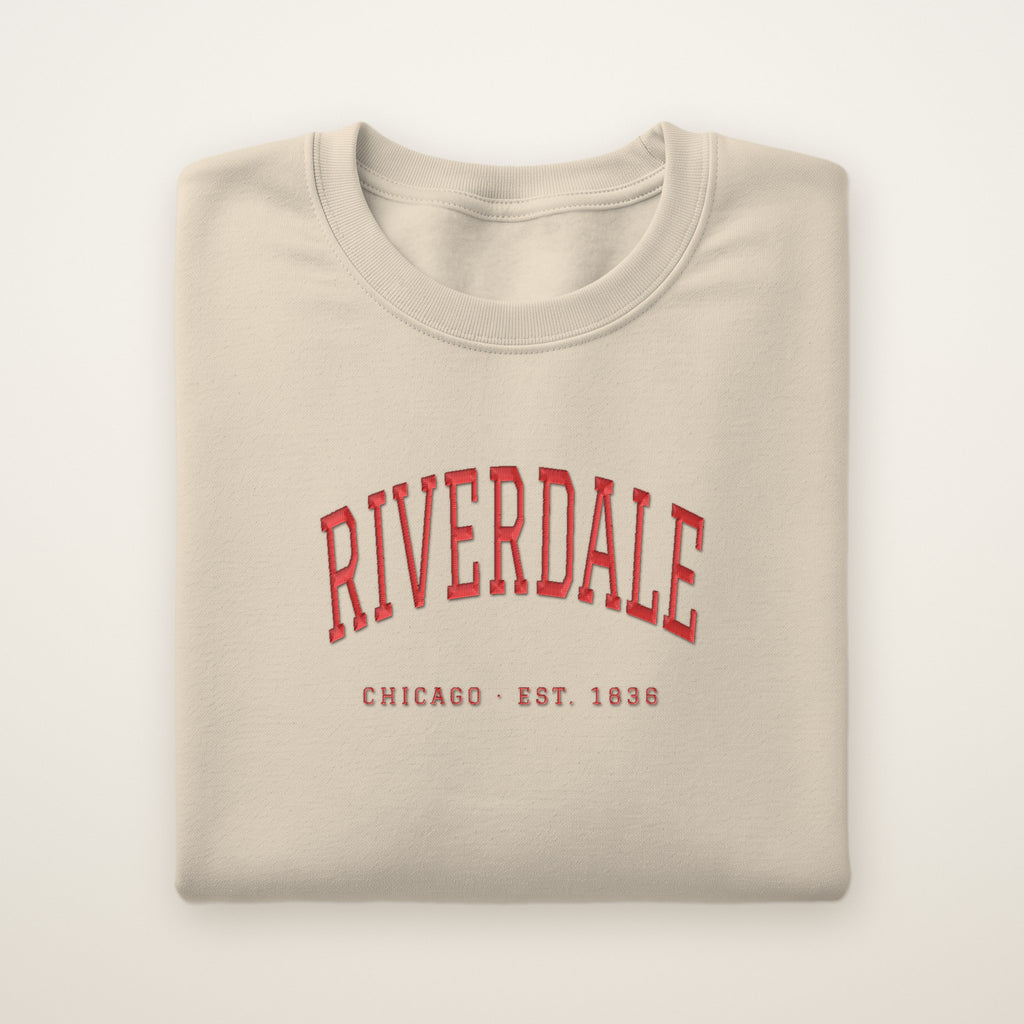 Riverdale Chicago Embroidered Crewneck — Red Thread on Sand
