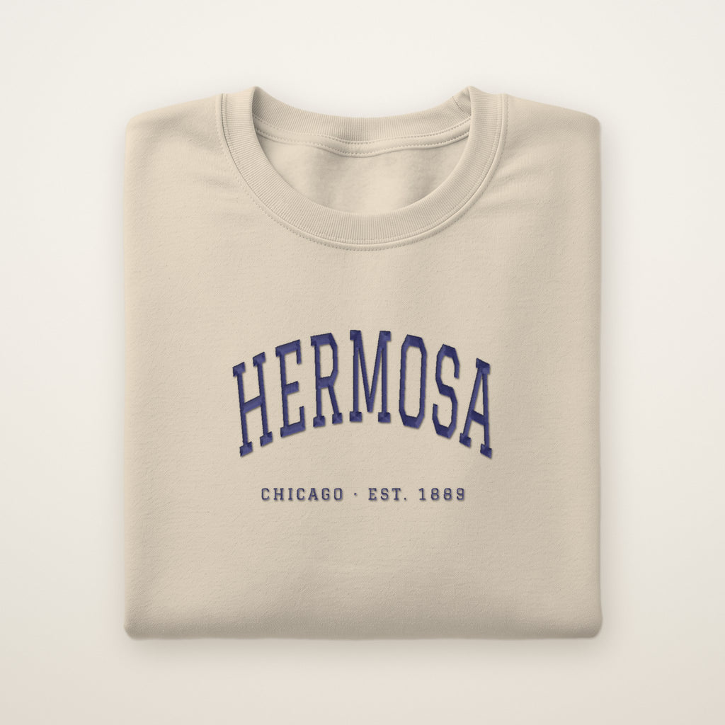 Hermosa Chicago Embroidered Crewneck — Navy Thread on Sand