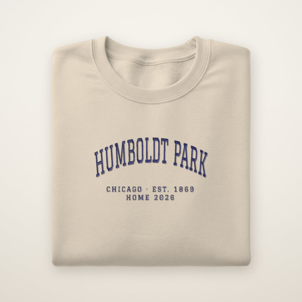 Humboldt Park Chicago Home 2026 Embroidered Crewneck — Navy Thread on Sand