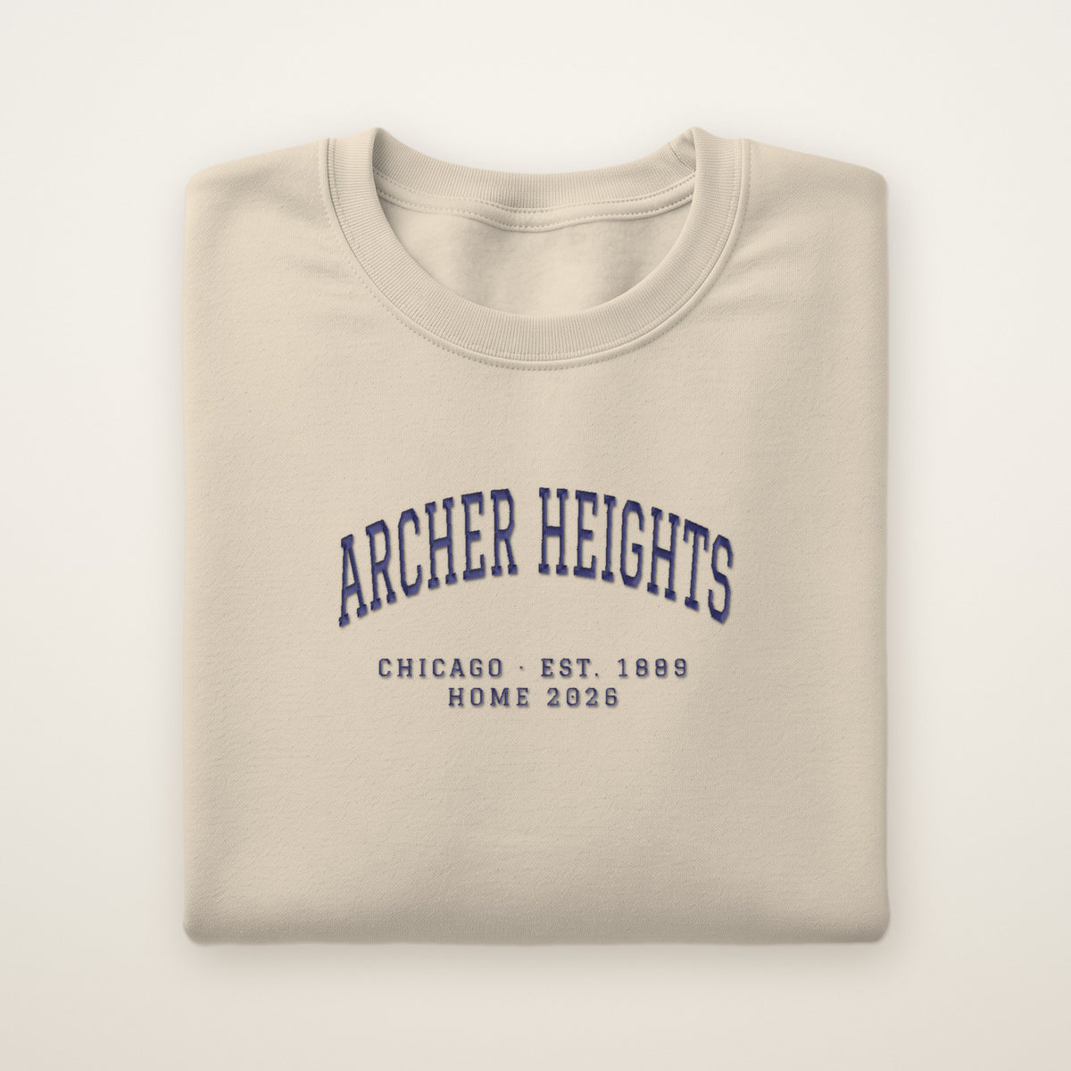 Archer Heights Chicago Home 2026 Embroidered Crewneck — Navy Thread on Sand