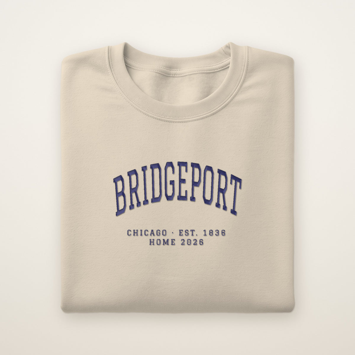 Bridgeport Chicago Home 2026 Embroidered Crewneck — Navy Thread on Sand
