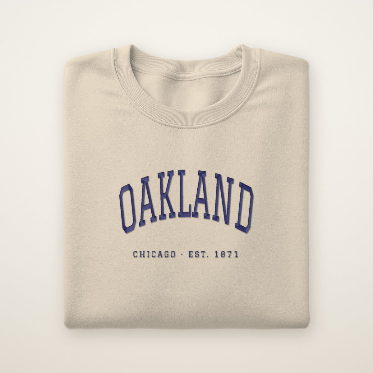 Oakland Chicago Embroidered Crewneck — Navy Thread on Sand