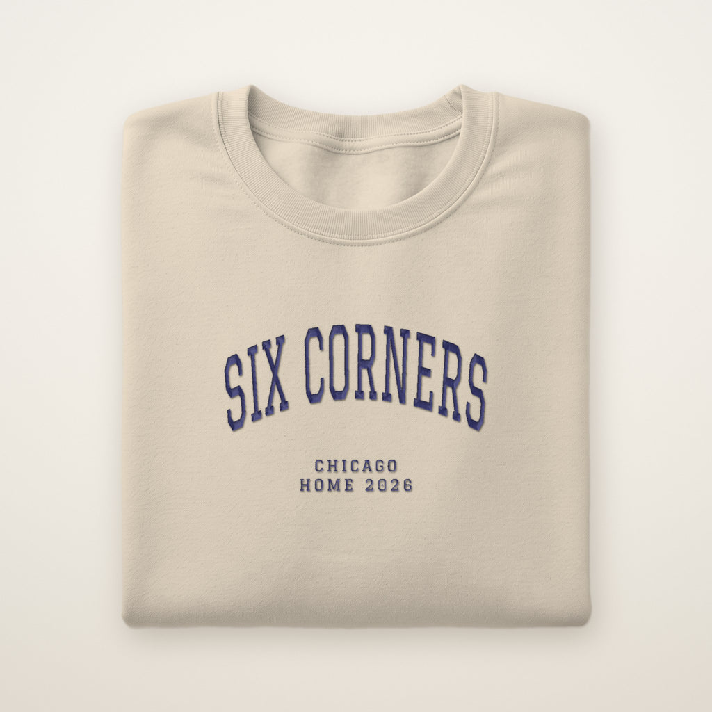Six Corners Chicago Home 2026 Embroidered Crewneck — Navy Thread on Sand