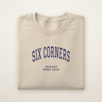 Six Corners Chicago Home 2026 Embroidered Crewneck — Navy Thread on Sand