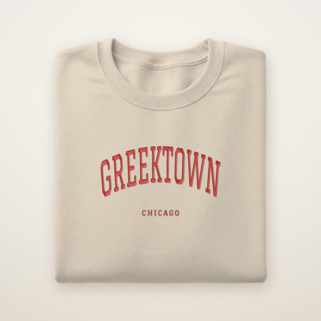 Greektown Chicago Embroidered Crewneck — Red Thread on Sand