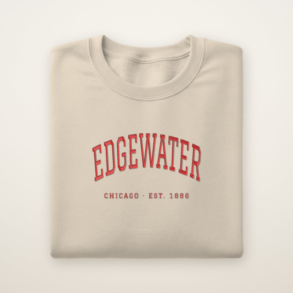 Edgewater Chicago Embroidered Crewneck — Red Thread on Sand