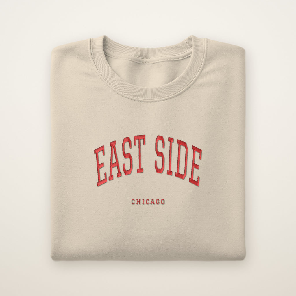 East Side Chicago Embroidered Crewneck — Red Thread on Sand