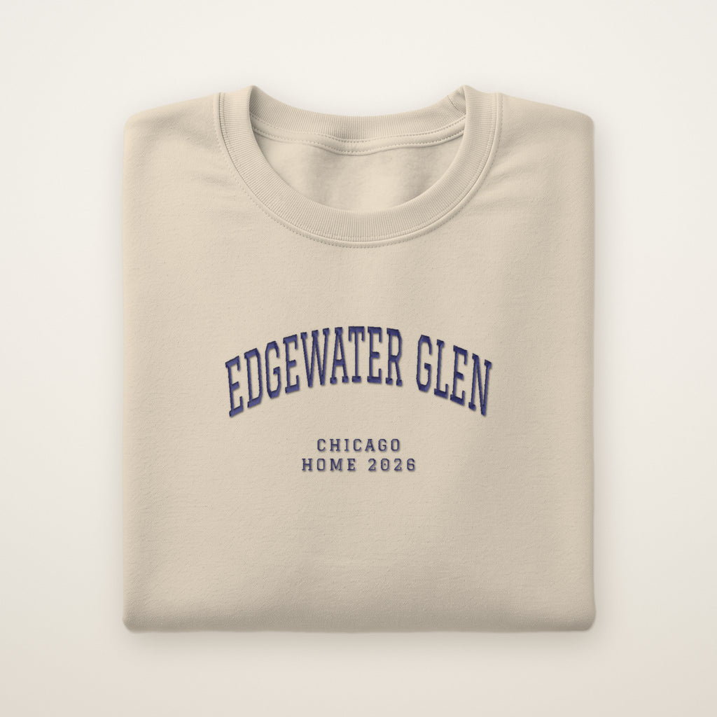 Edgewater Glen Chicago Home 2026 Embroidered Crewneck — Navy Thread on Sand