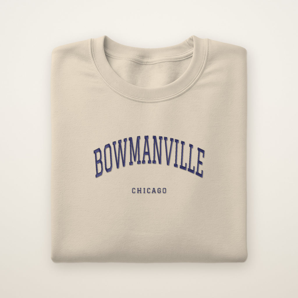 Bowmanville Chicago Embroidered Crewneck — Navy Thread on Sand