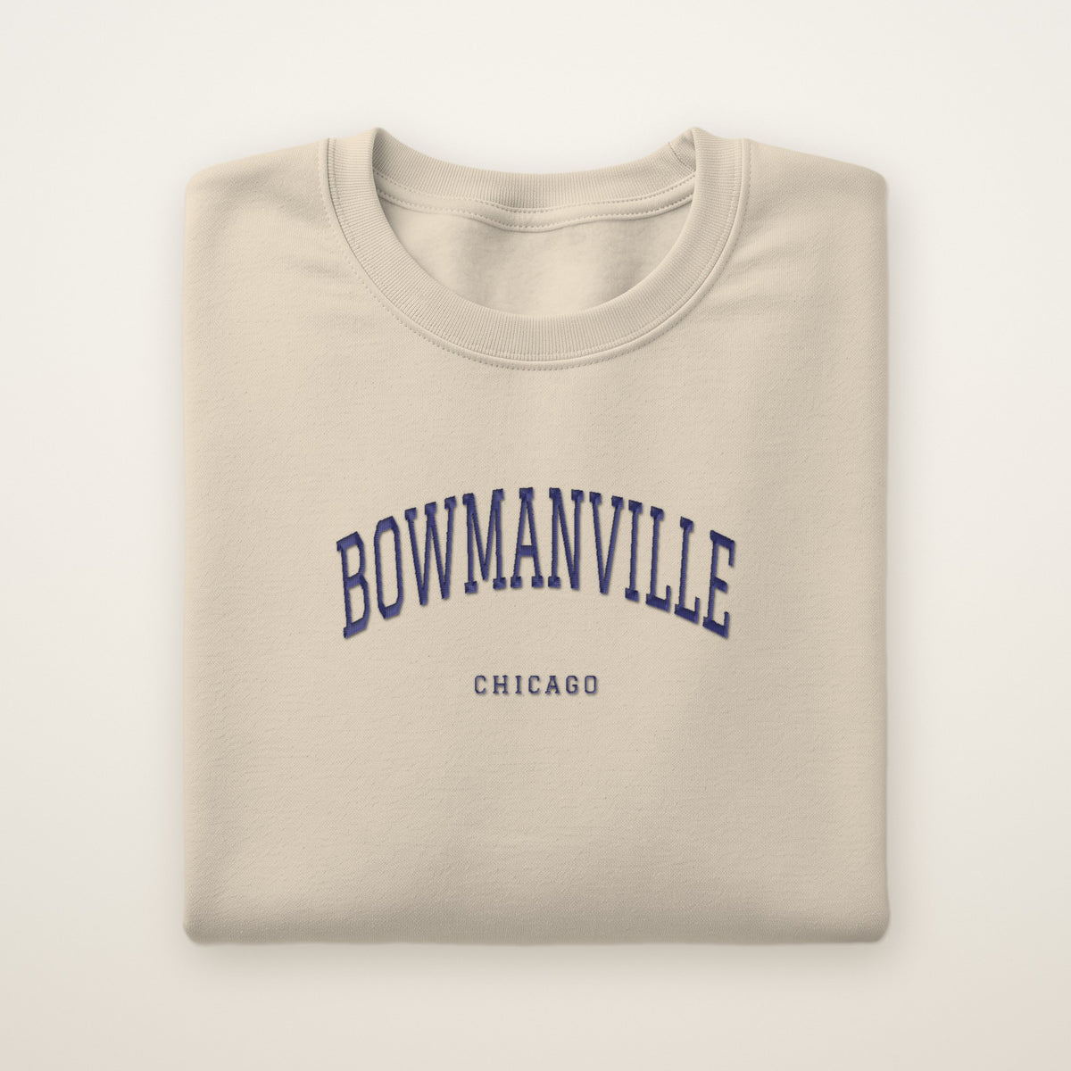 Bowmanville Chicago Embroidered Crewneck — Navy Thread on Sand