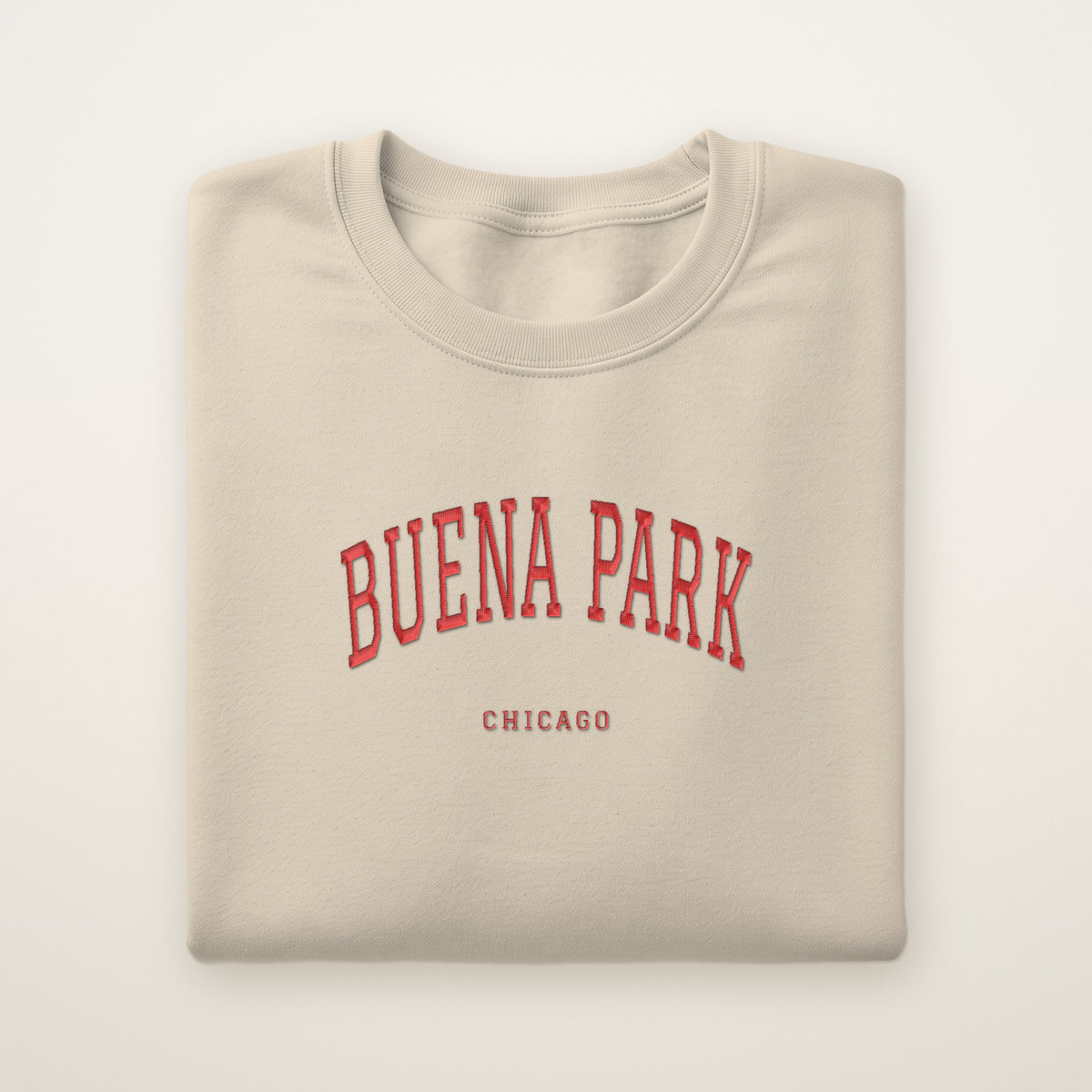 Buena Park Chicago Embroidered Crewneck — Red Thread on Sand