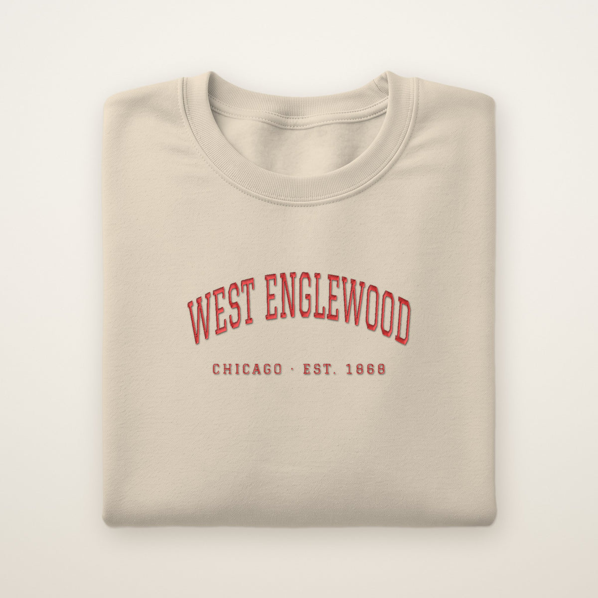 West Englewood Chicago Embroidered Crewneck — Red Thread on Sand