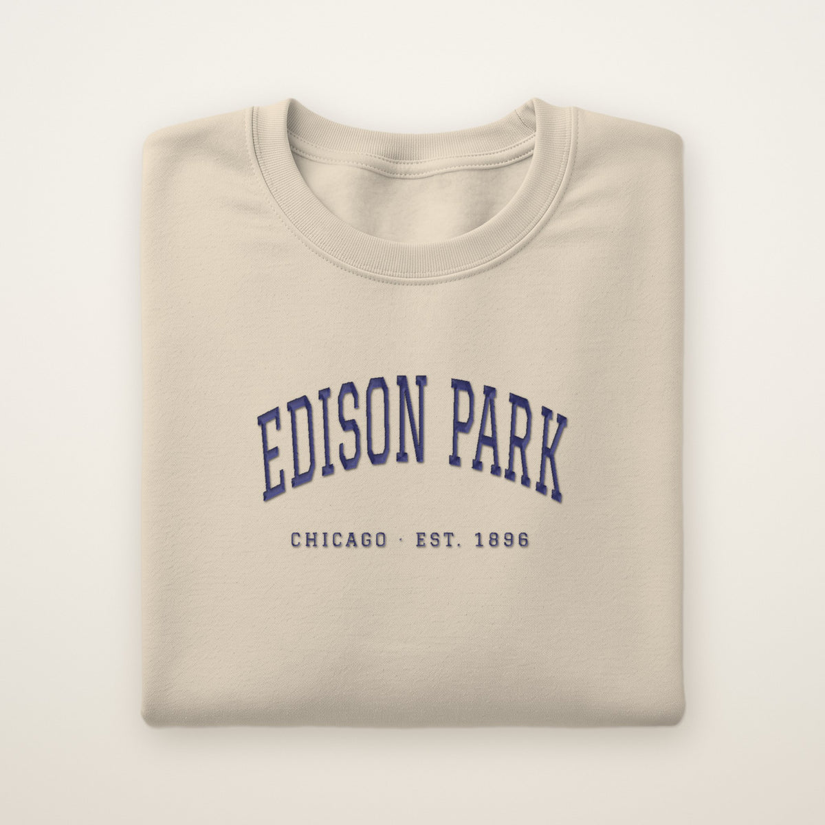 Edison Park Chicago Embroidered Crewneck — Navy Thread on Sand