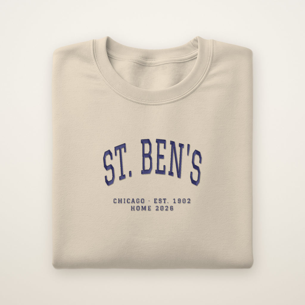 St. Ben's Chicago Home 2026 Embroidered Crewneck — Navy Thread on Sand