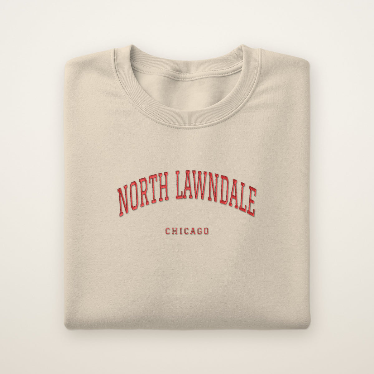 North Lawndale Chicago Embroidered Crewneck — Red Thread on Sand