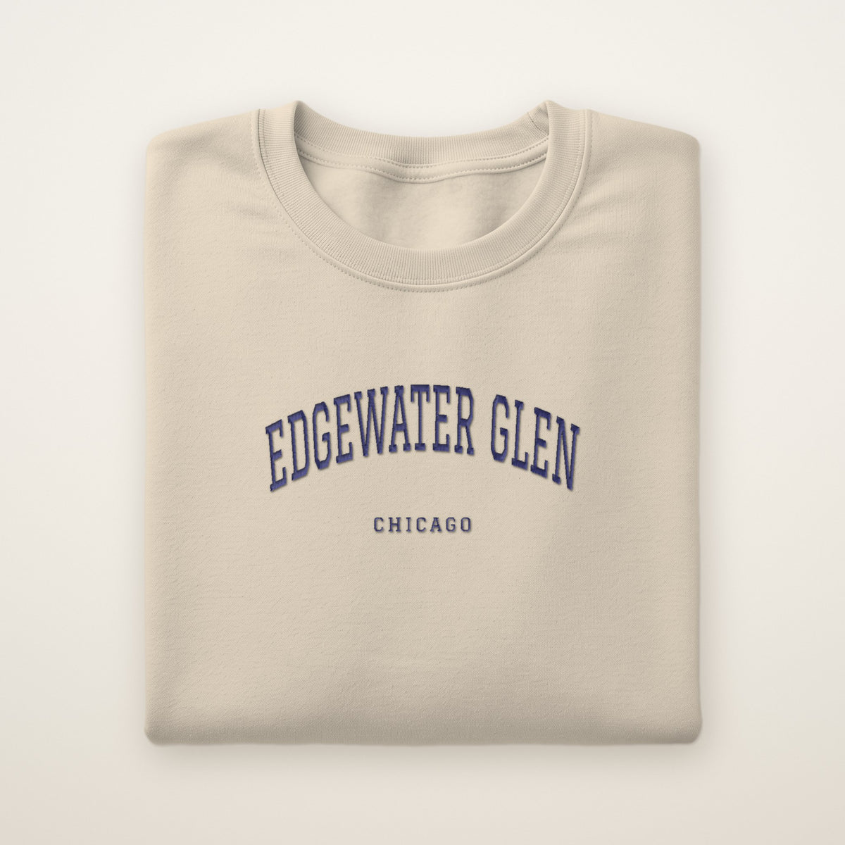 Edgewater Glen Chicago Embroidered Crewneck — Navy Thread on Sand