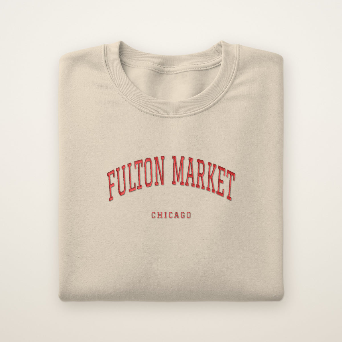 Fulton Market Chicago Embroidered Crewneck — Red Thread on Sand