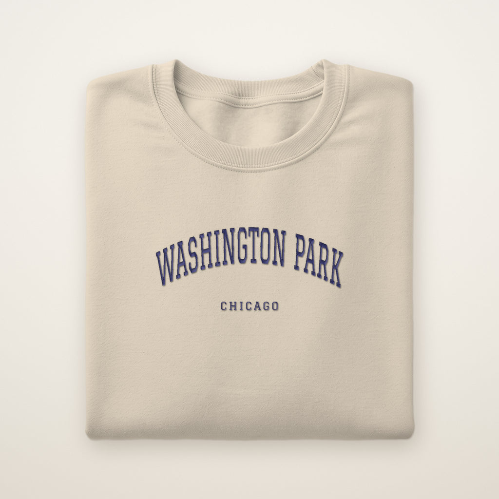 Washington Park Chicago Embroidered Crewneck — Navy Thread on Sand