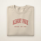 Albany Park Chicago Embroidered Crewneck — Red Thread on Sand