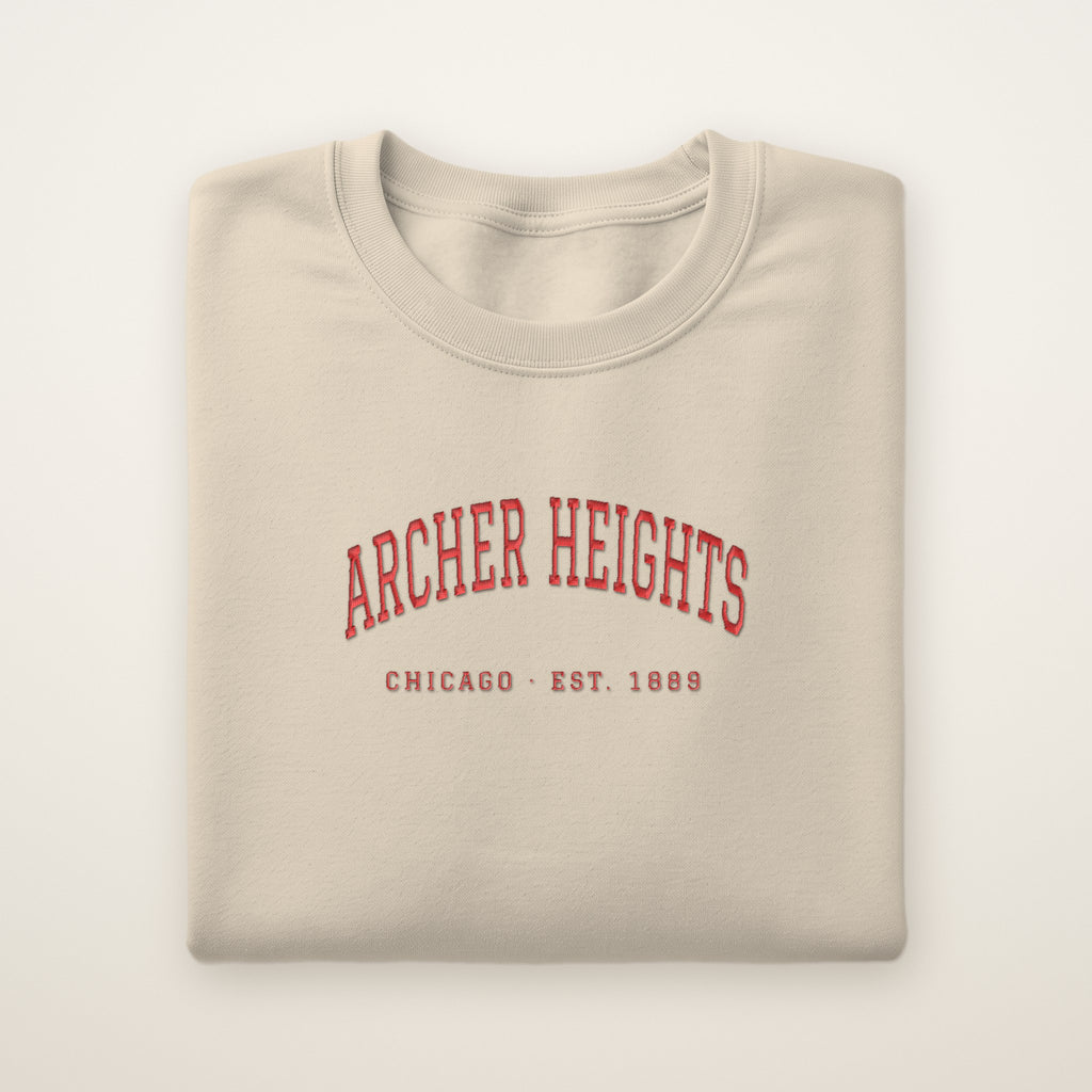 Archer Heights Chicago Embroidered Crewneck — Red Thread on Sand