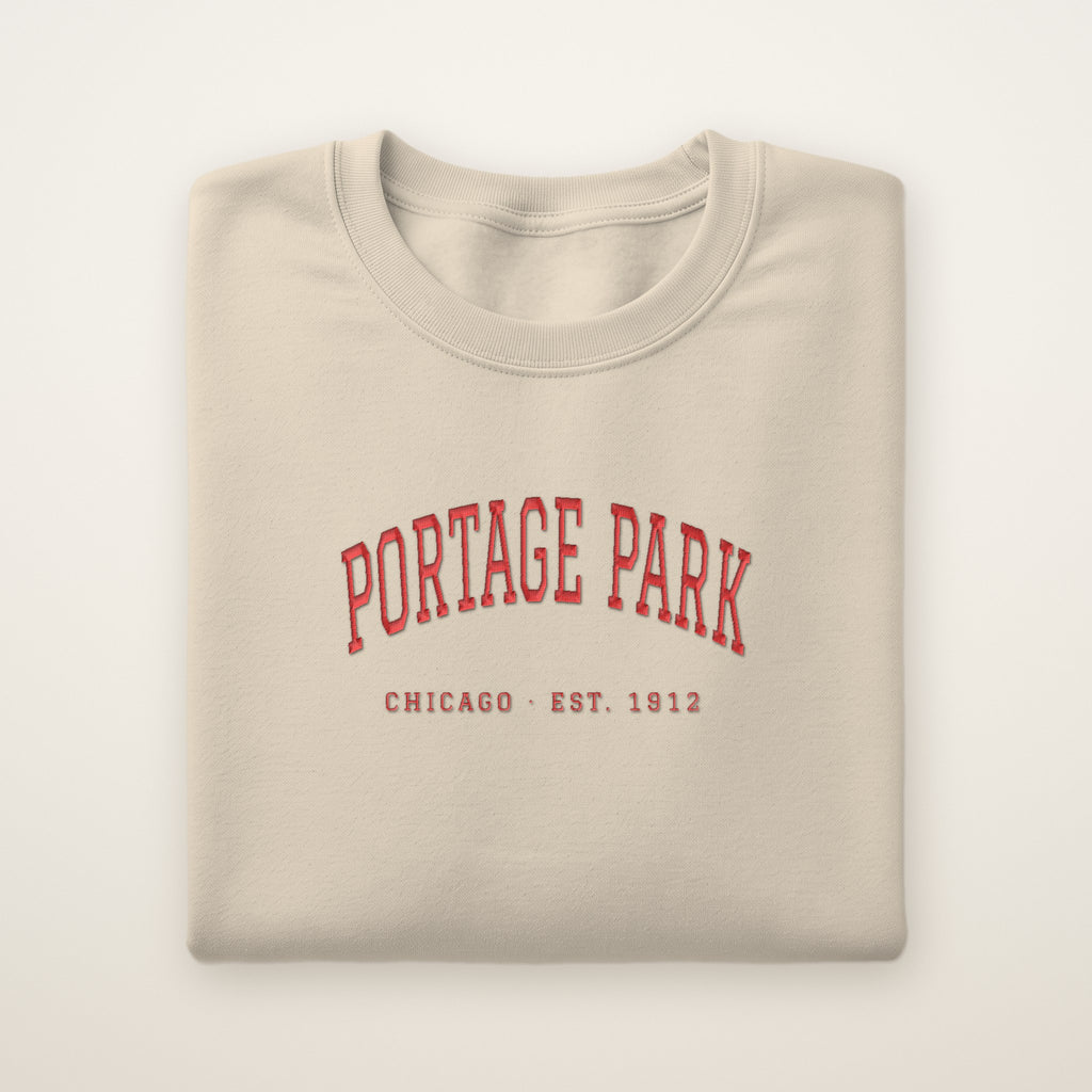 Portage Park Chicago Embroidered Crewneck — Red Thread on Sand
