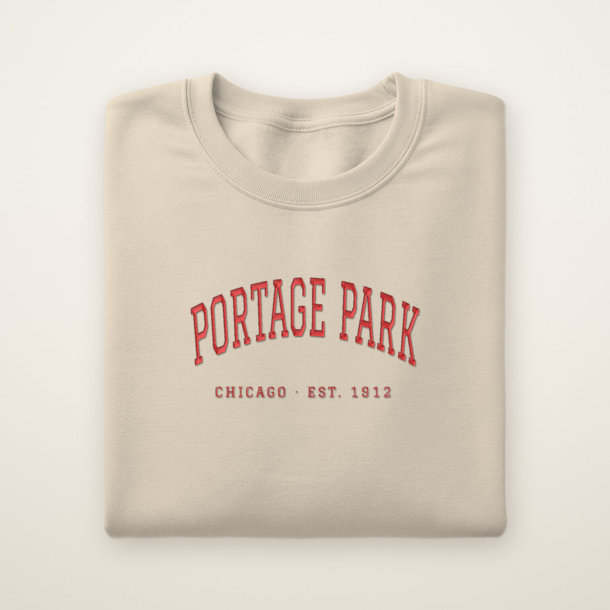 Portage Park Chicago Embroidered Crewneck — Red Thread on Sand