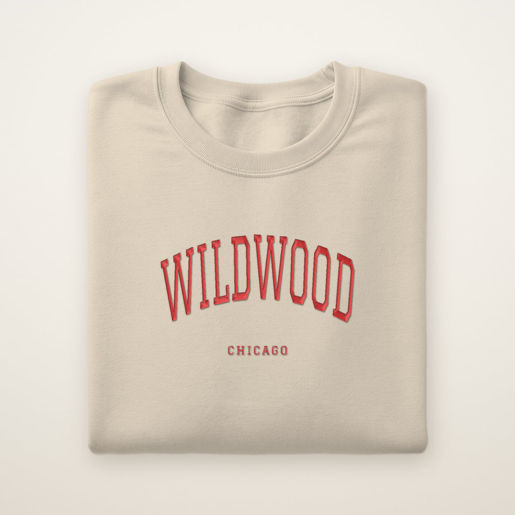Wildwood Chicago Embroidered Crewneck — Red Thread on Sand
