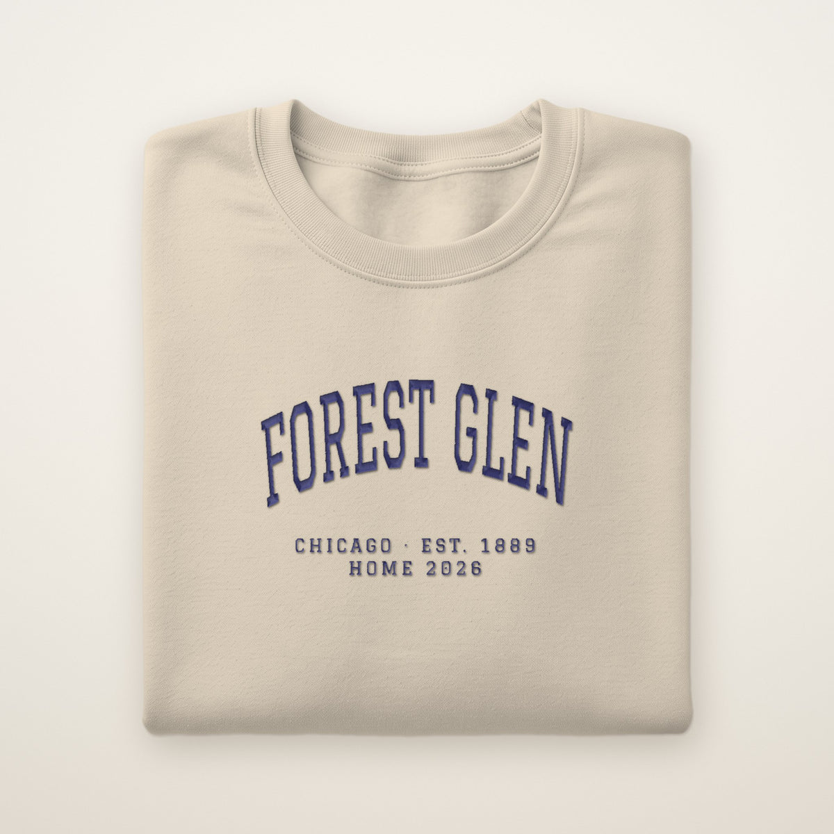 Forest Glen Chicago Home 2026 Embroidered Crewneck — Navy Thread on Sand