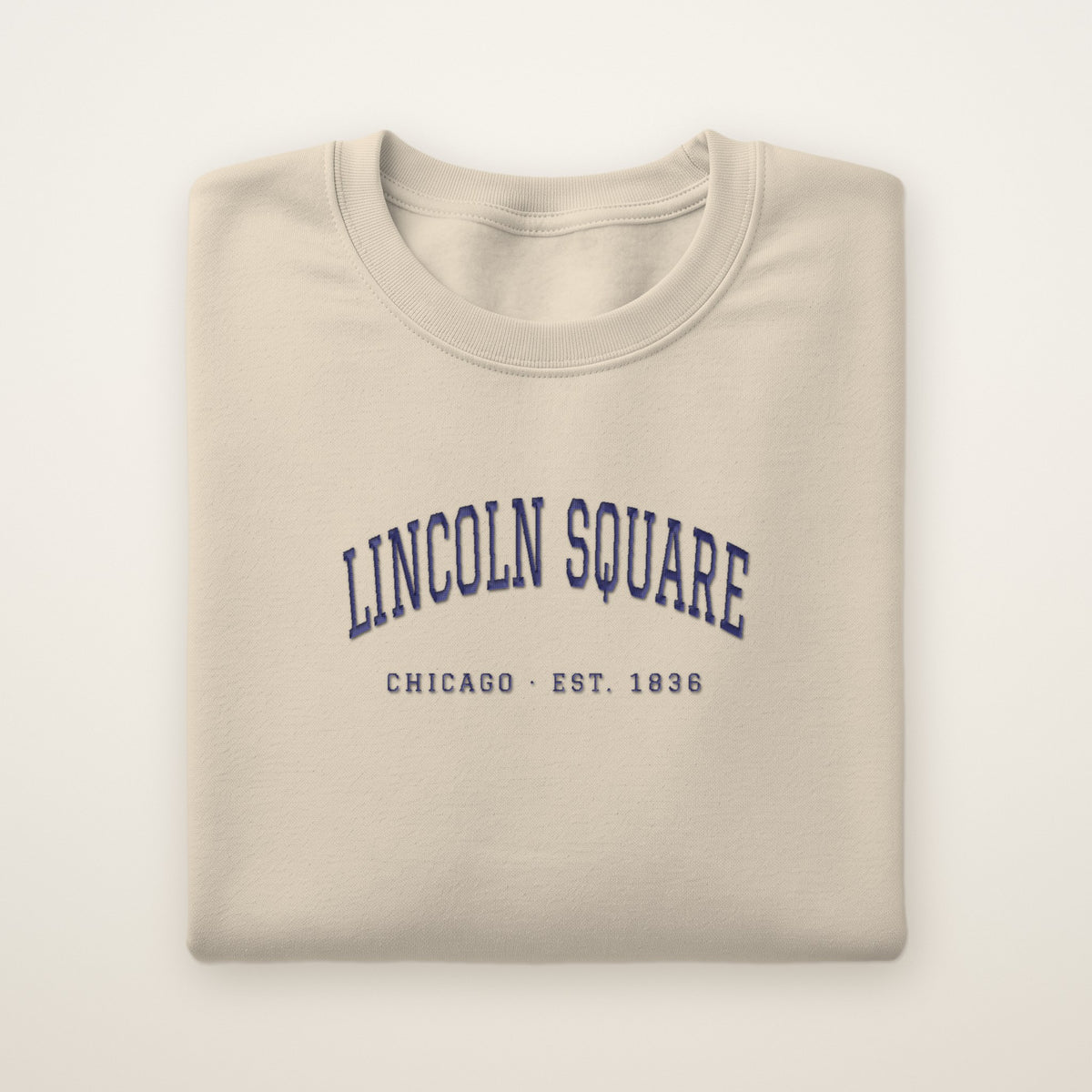 Lincoln Square Chicago Embroidered Crewneck — Navy Thread on Sand