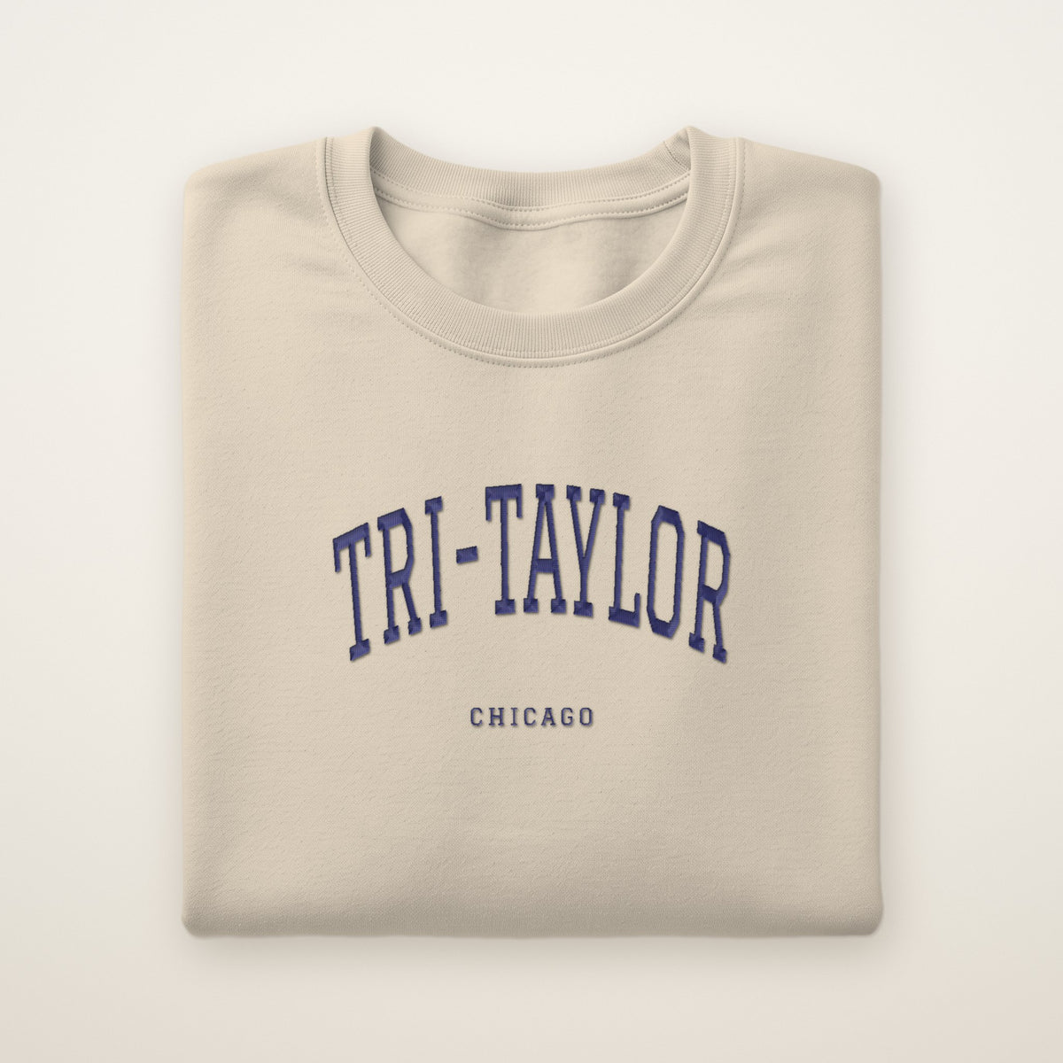 Tri-Taylor Chicago Embroidered Crewneck — Navy Thread on Sand