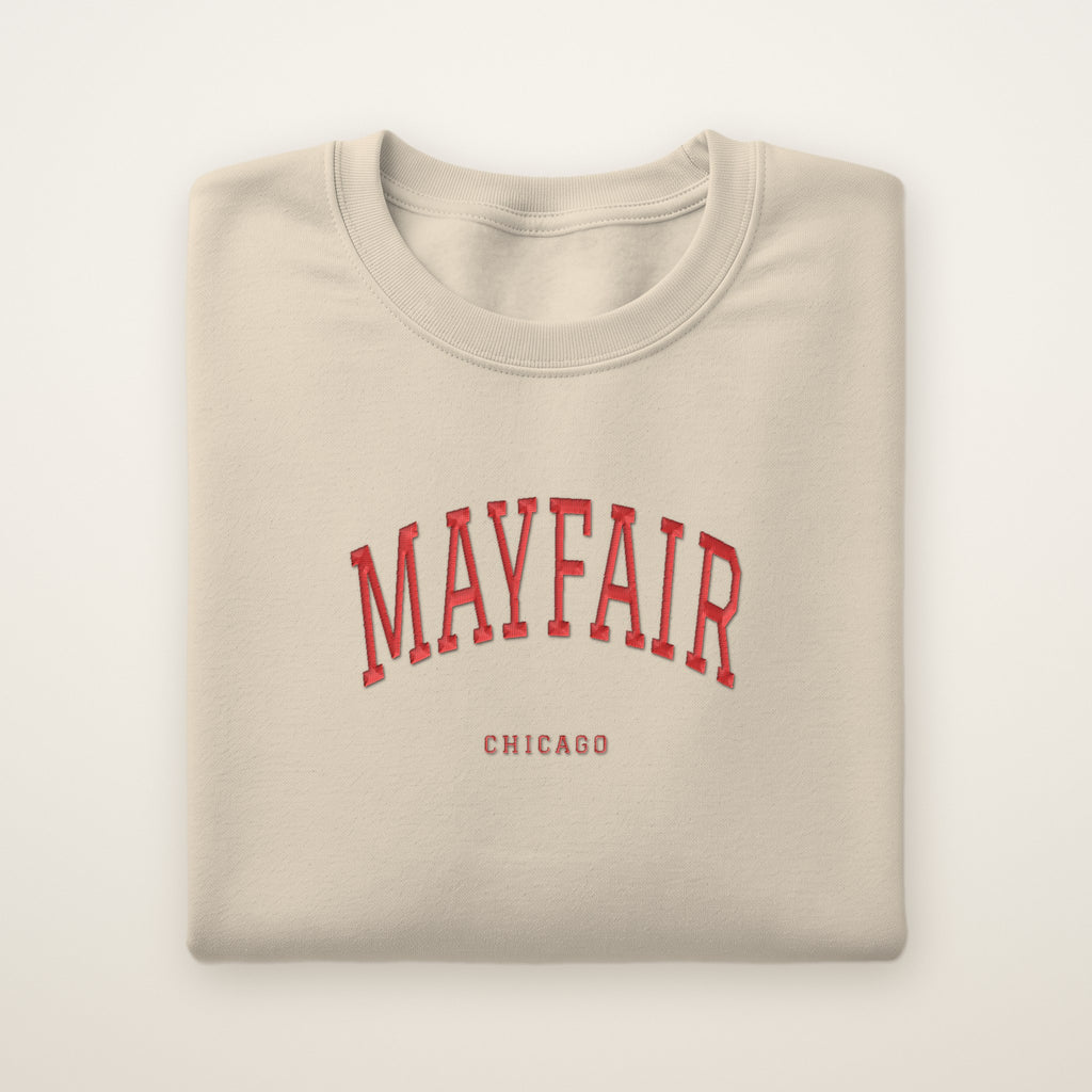 Mayfair Chicago Embroidered Crewneck — Red Thread on Sand