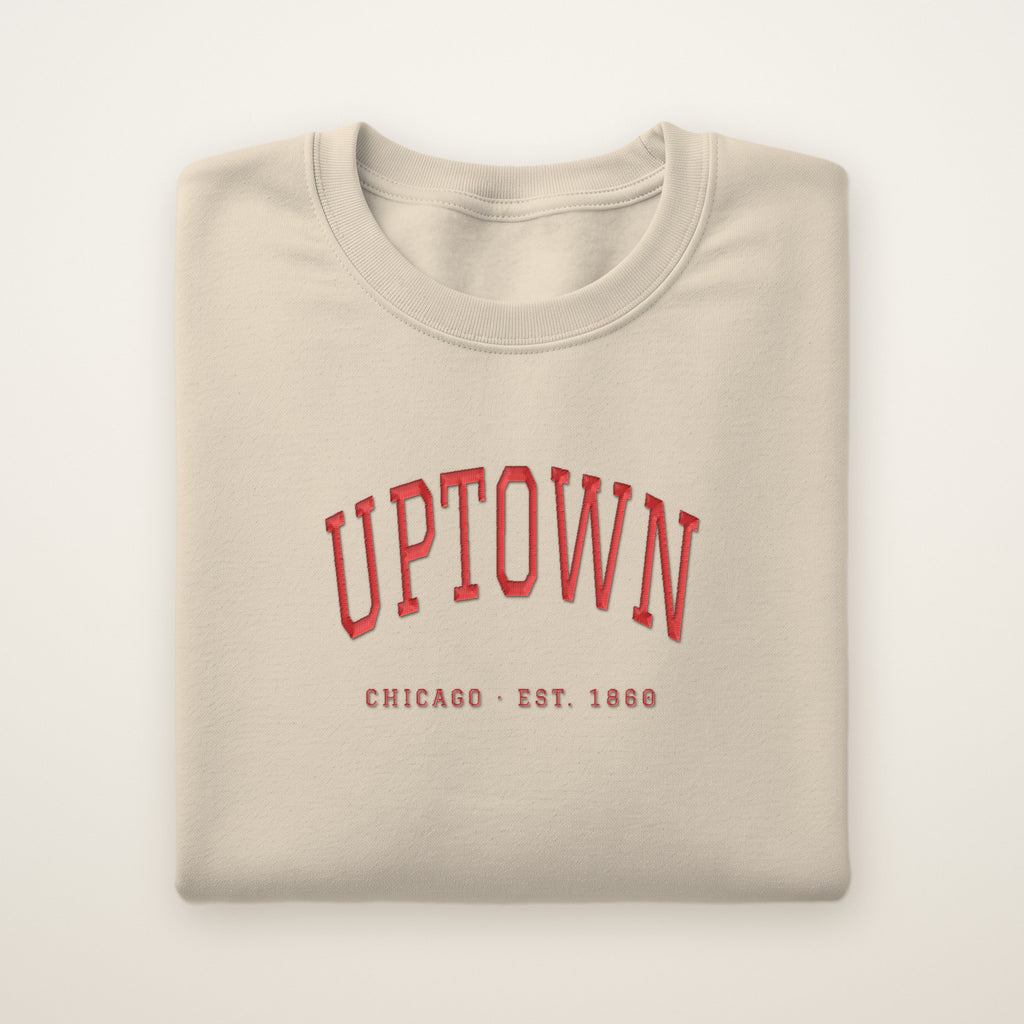 Uptown Chicago Embroidered Crewneck — Red Thread on Sand