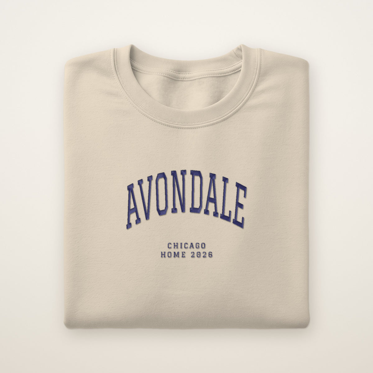 Avondale Chicago Home 2026 Embroidered Crewneck — Navy Thread on Sand