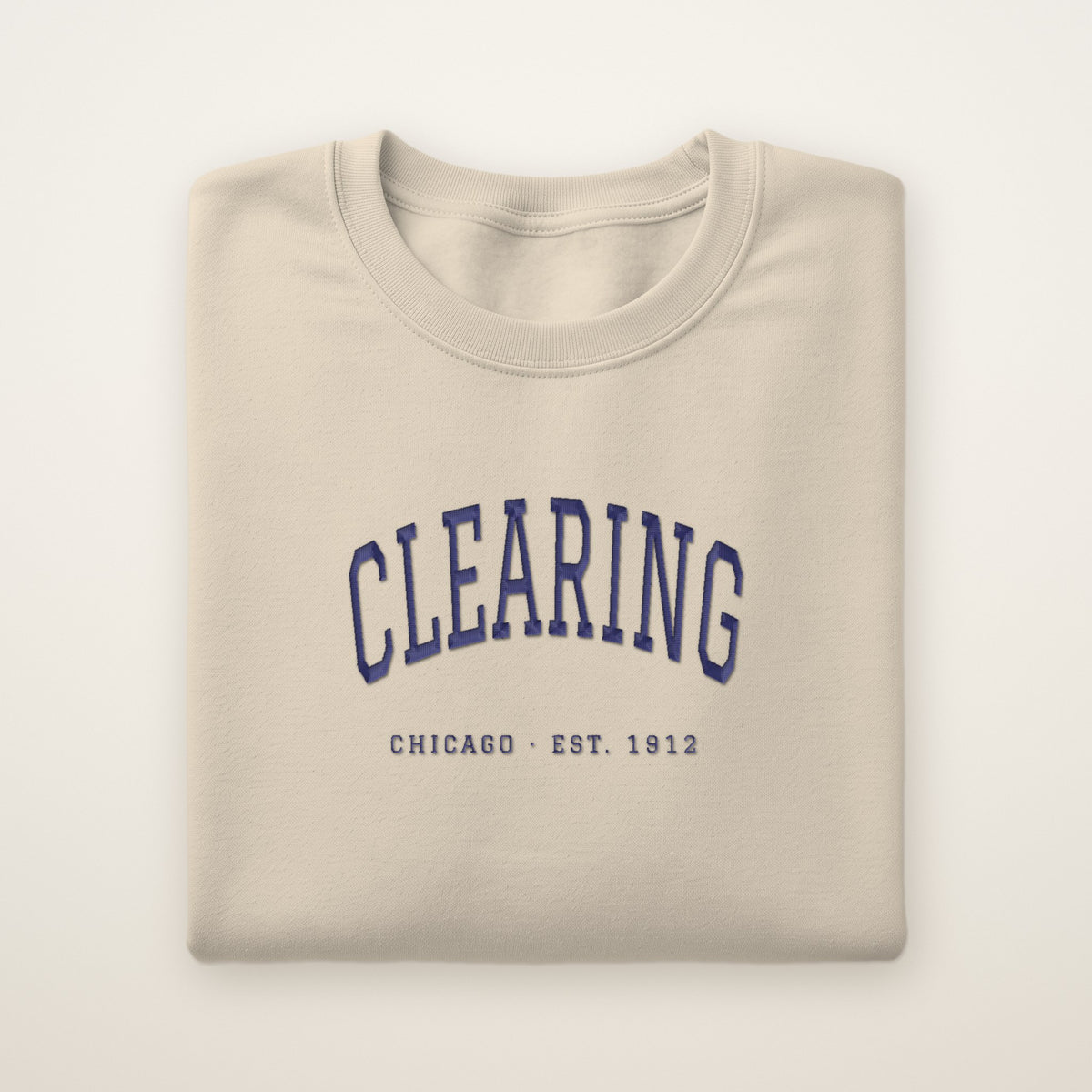 Clearing Chicago Embroidered Crewneck — Navy Thread on Sand