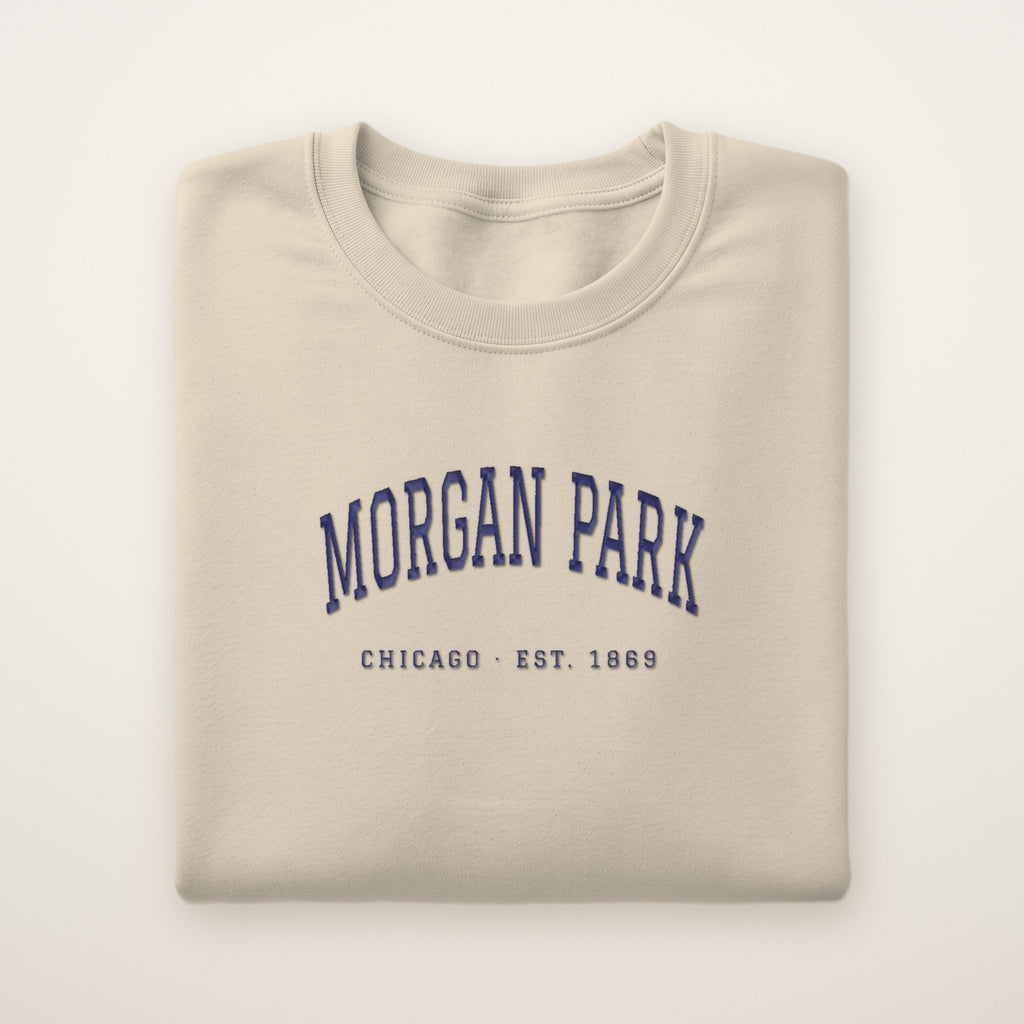 Morgan Park Chicago Embroidered Crewneck — Navy Thread on Sand