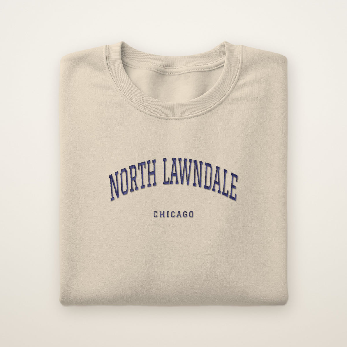 North Lawndale Chicago Embroidered Crewneck — Navy Thread on Sand