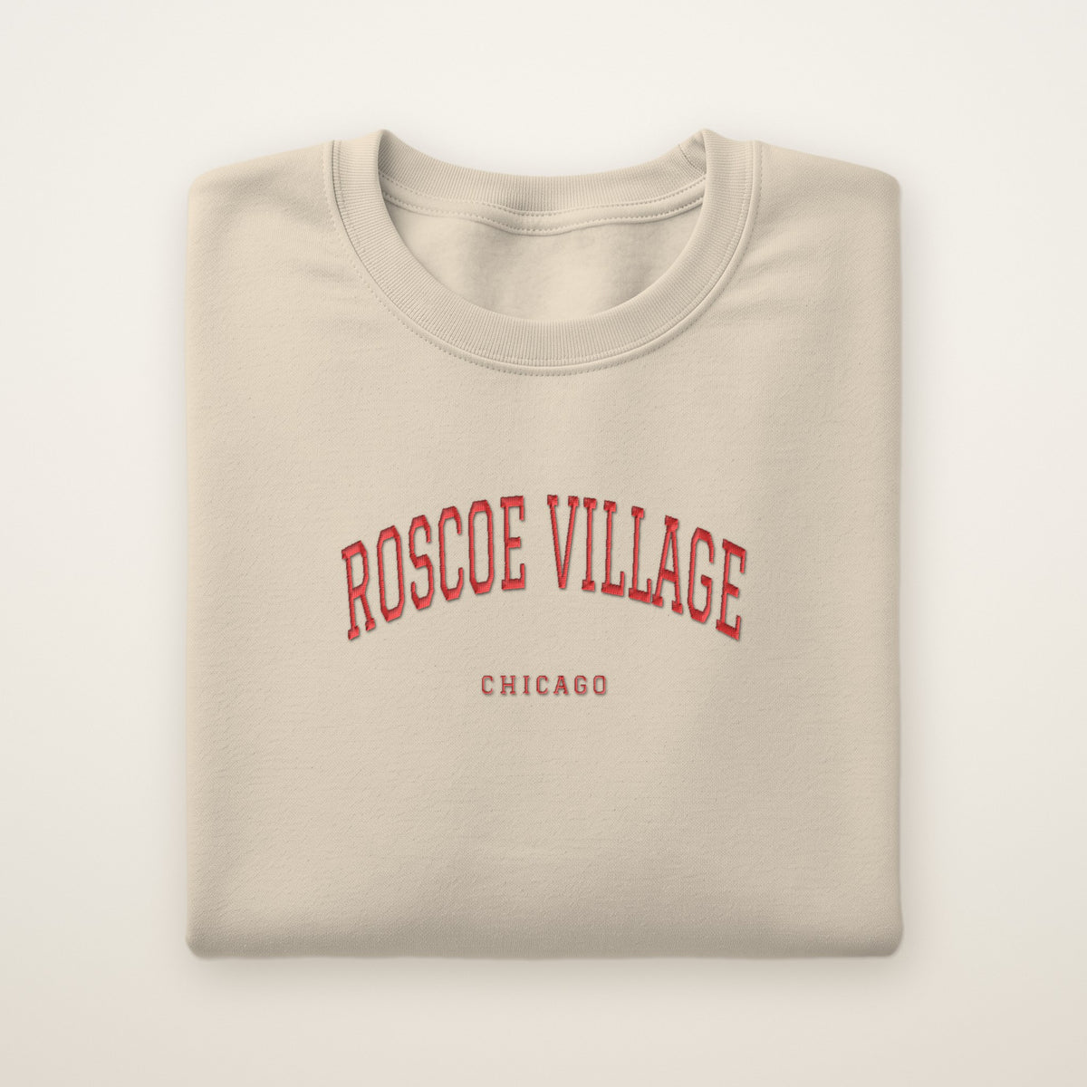 Roscoe Village Chicago Embroidered Crewneck — Red Thread on Sand