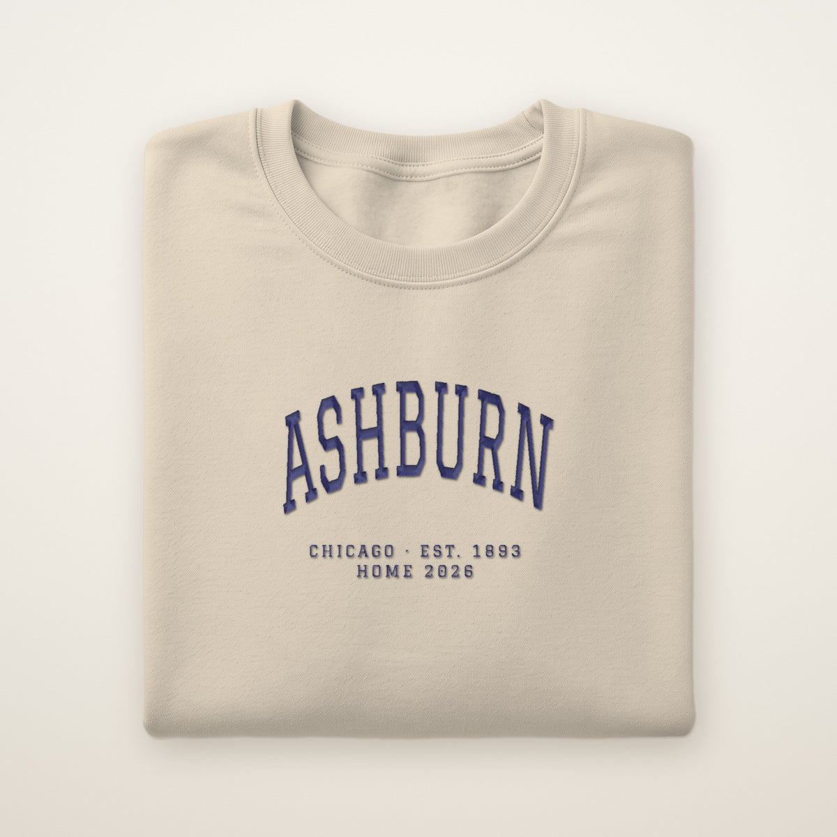 Ashburn Chicago Home 2026 Embroidered Crewneck — Navy Thread on Sand