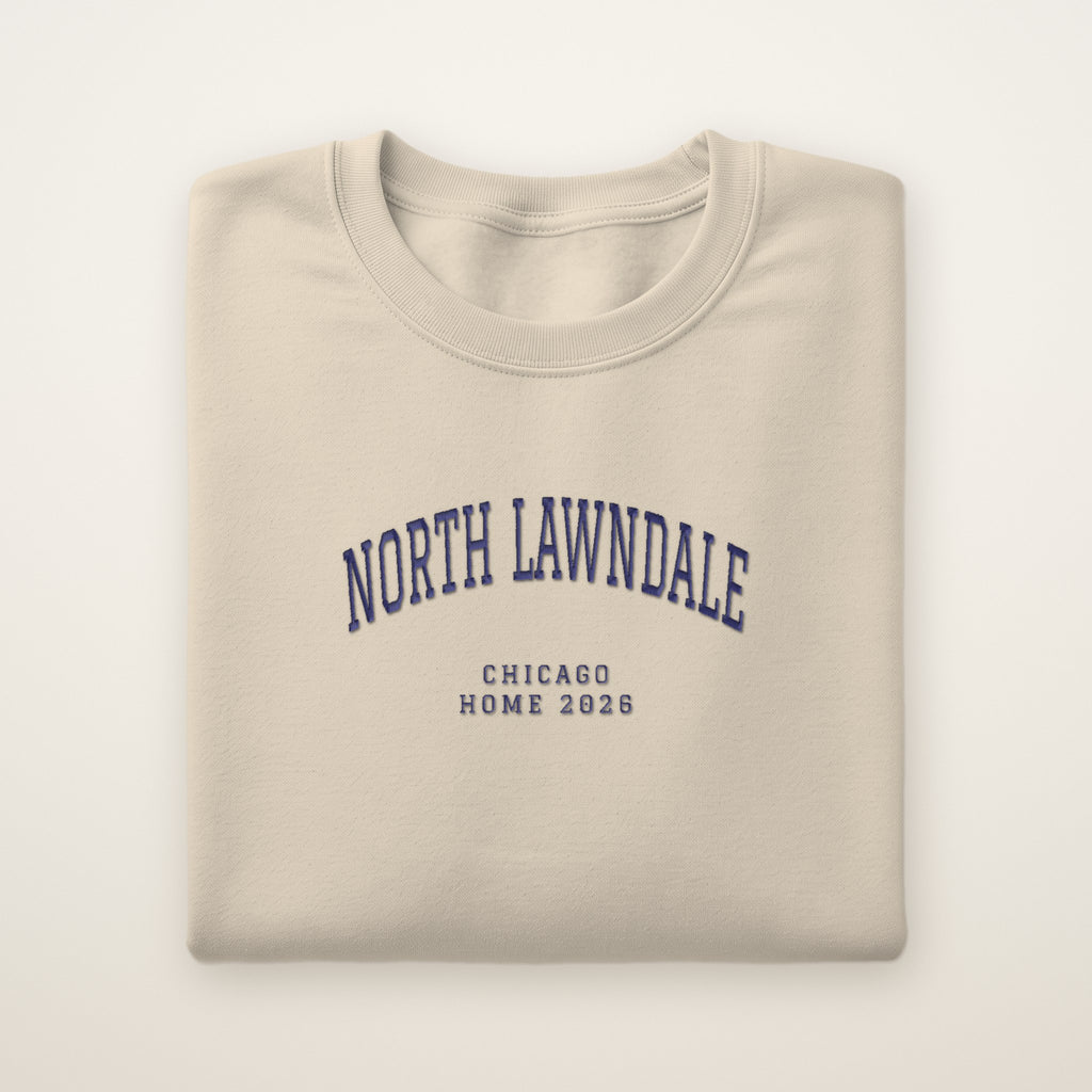 North Lawndale Chicago Home 2026 Embroidered Crewneck — Navy Thread on Sand