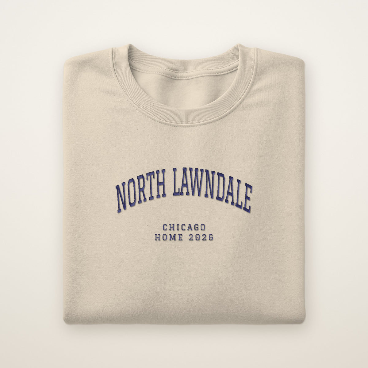 North Lawndale Chicago Home 2026 Embroidered Crewneck — Navy Thread on Sand
