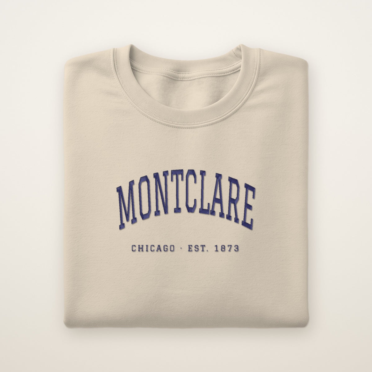 Montclare Chicago Embroidered Crewneck — Navy Thread on Sand
