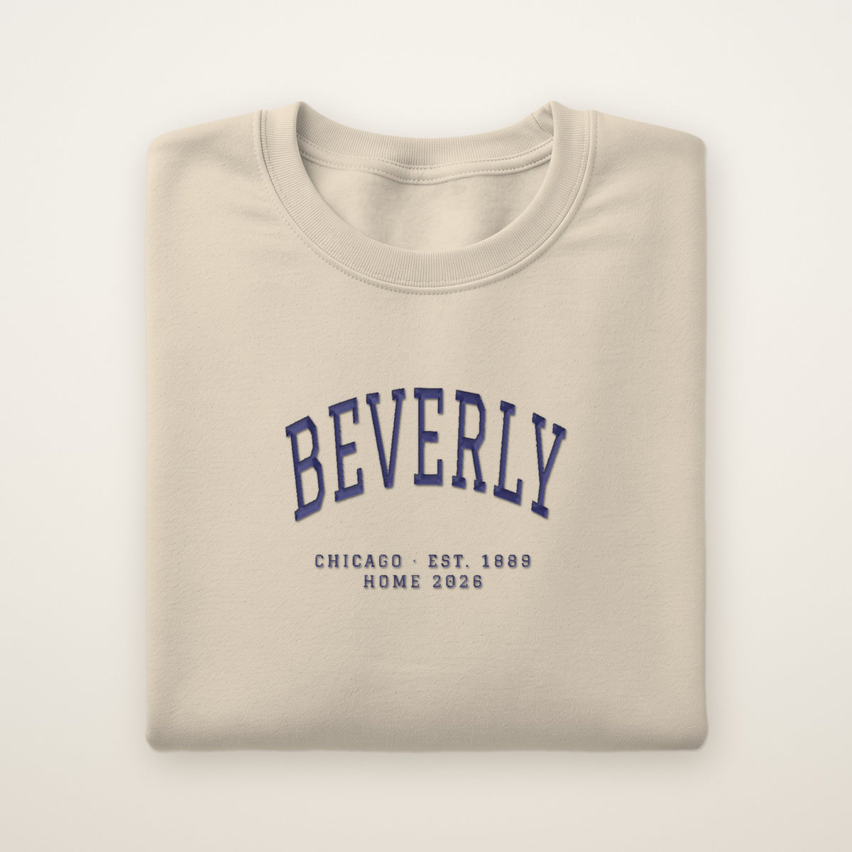 Beverly Chicago Home 2026 Embroidered Crewneck — Navy Thread on Sand